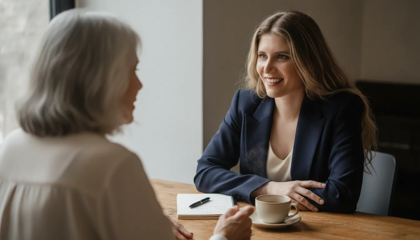 Rebecca listening attentively to a client across a table, notebook and tea between them