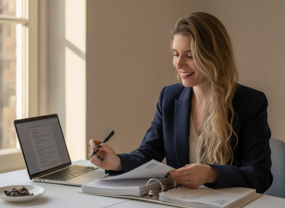 Rebecca at her desk, reviewing a client's medical records with a laptop and organized binder